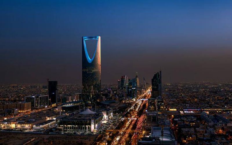 Riyadh skyline at dusk with Kingdom Centre